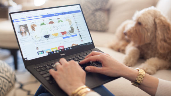 Jayne working on a laptop with her dog sitting on the couch